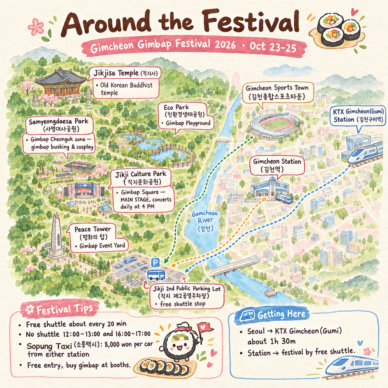 Illustrated map of the Gimcheon Gimbap Festival grounds and free shuttle boarding points