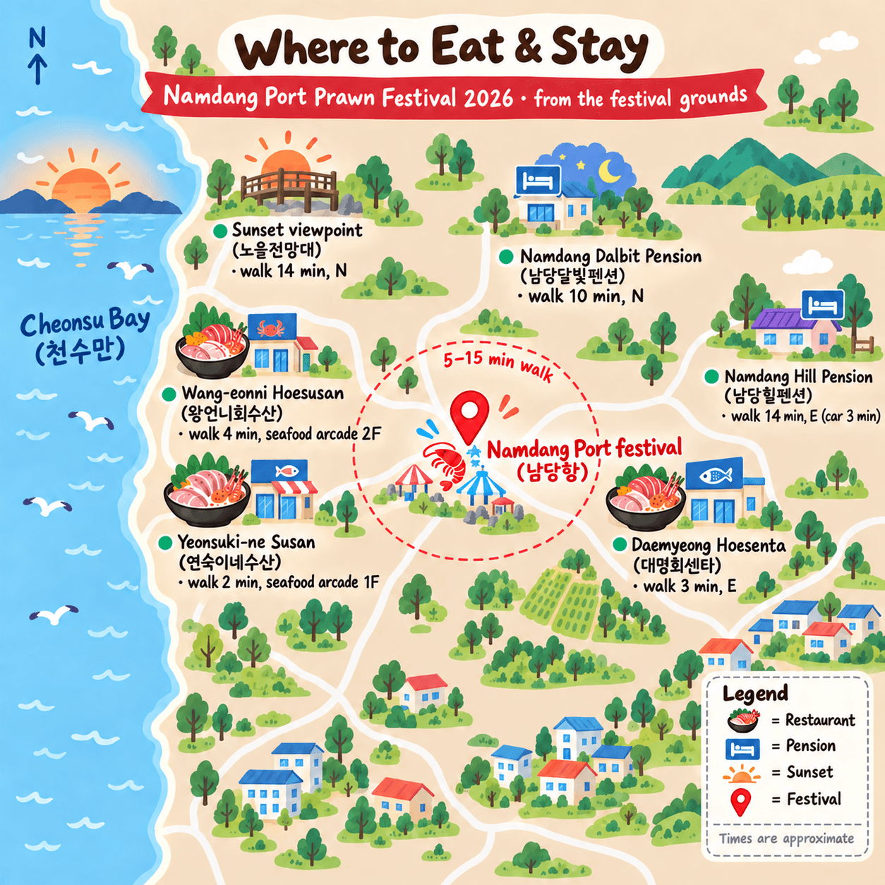 Illustrated map of places to eat and stay around Namdang Port